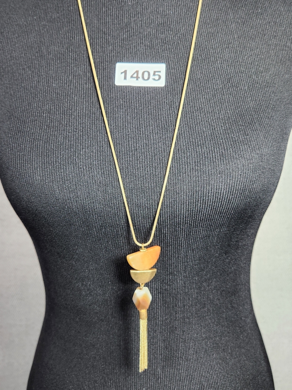 Gold-Tone 32" Long Tassel Necklace with Orange and Cream Stone Accents - Picture 6 of 7